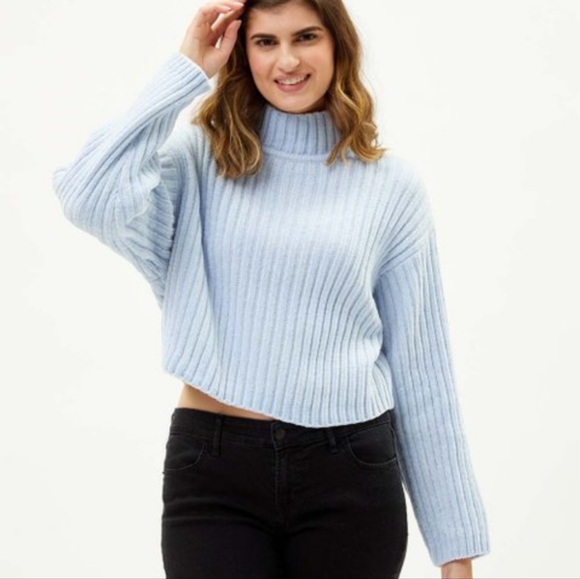 New Dusty Blue Ribbed Mock-Neck Pullover cropped - Picture 1 of 4